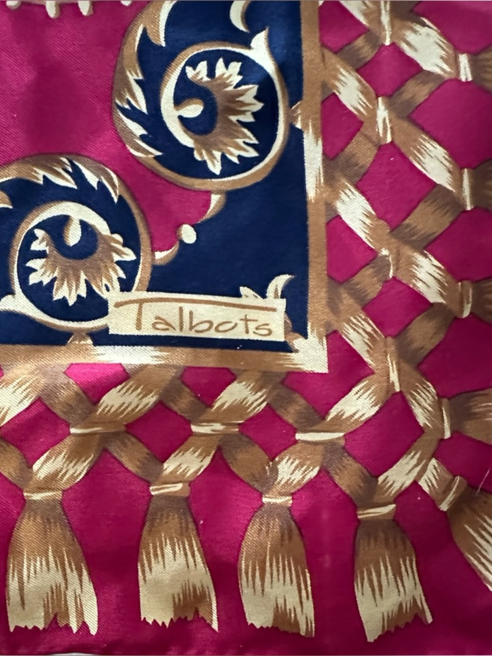 34” TALBOTS SILK SCARF RED NAVY TASSEL PRINT SQUARE